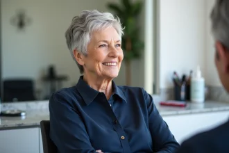 Femme de 70 ans souriante avec une coupe courte argentée dans un salon de coiffure moderne