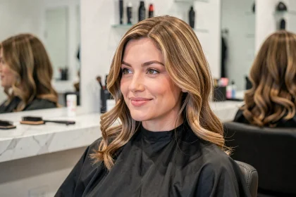 Femme aux cheveux fins coiffés en brushing volumineux dans un salon de coiffure moderne