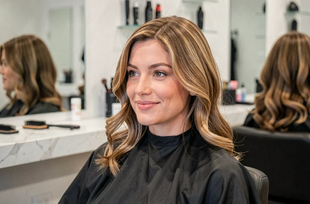 Femme aux cheveux fins coiffés en brushing volumineux dans un salon de coiffure moderne