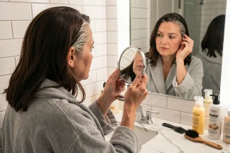 Femme d'une quarantaine d'années examinant ses racines blanches visibles dans un miroir de salle de bain à domicile