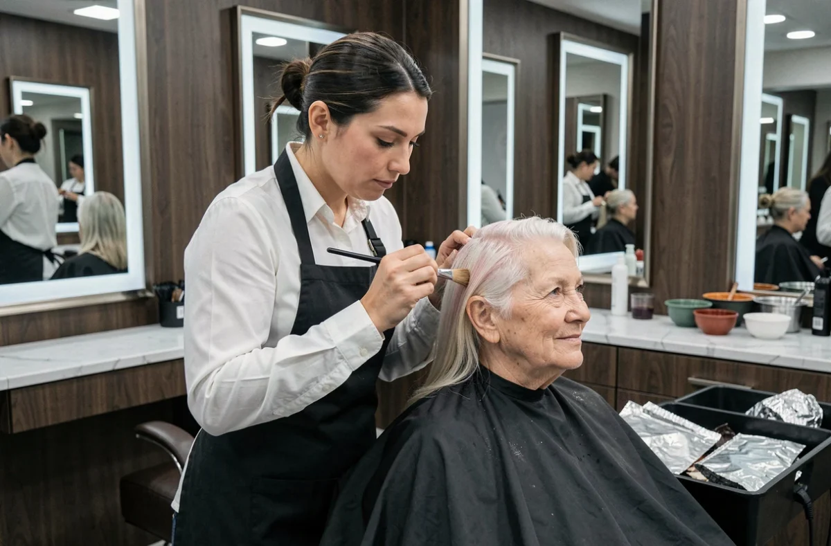 Coiffeuse professionnelle appliquant une coloration sur les racines blanches d'une cliente en salon de coiffure moderne
