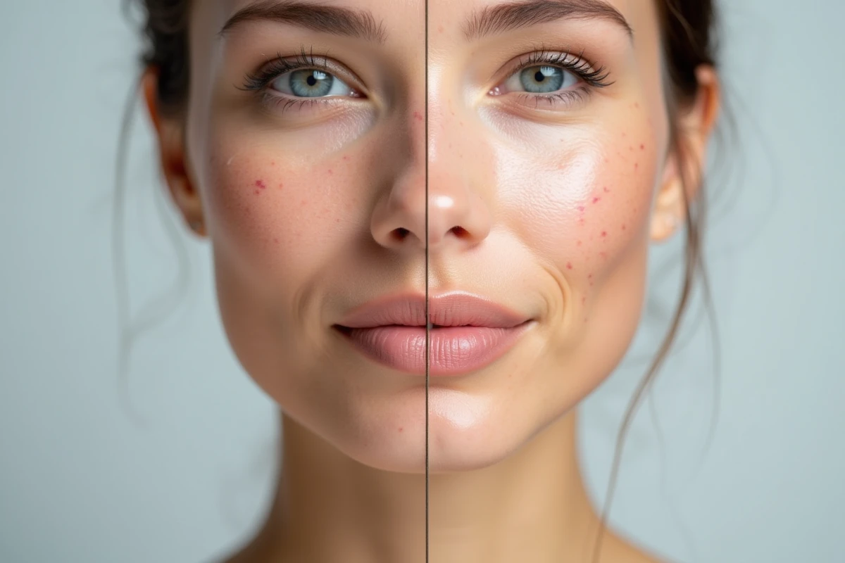 Comparaison avant après de la peau du visage féminin montrant les effets d'un soin anti-âge Nuvaskin en gros plan réaliste