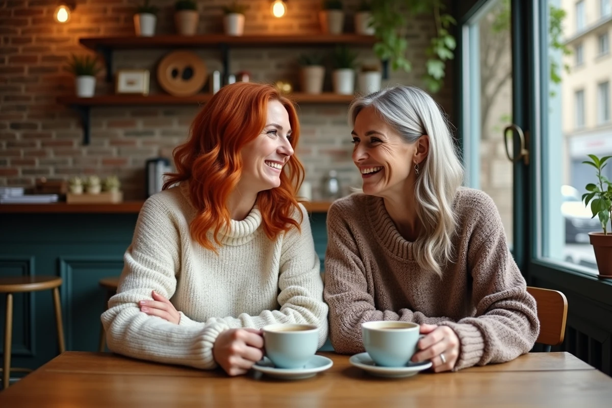 Deux femmes comparant leurs coiffures colorées et gris naturel autour d'un café dans un bistrot parisien chaleureux
