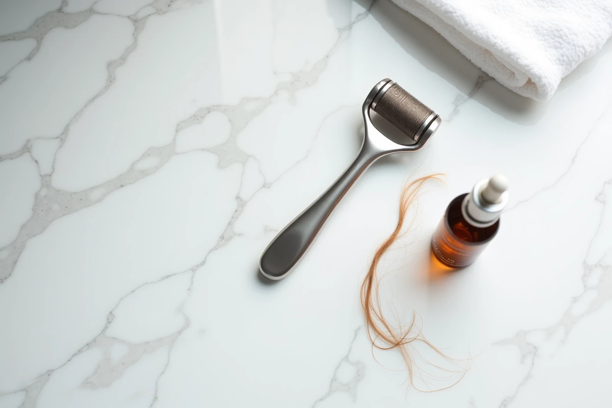 Comparaison entre un dermaroller et un sérum anti-chute capillaire posés sur un marbre blanc, vue de dessus