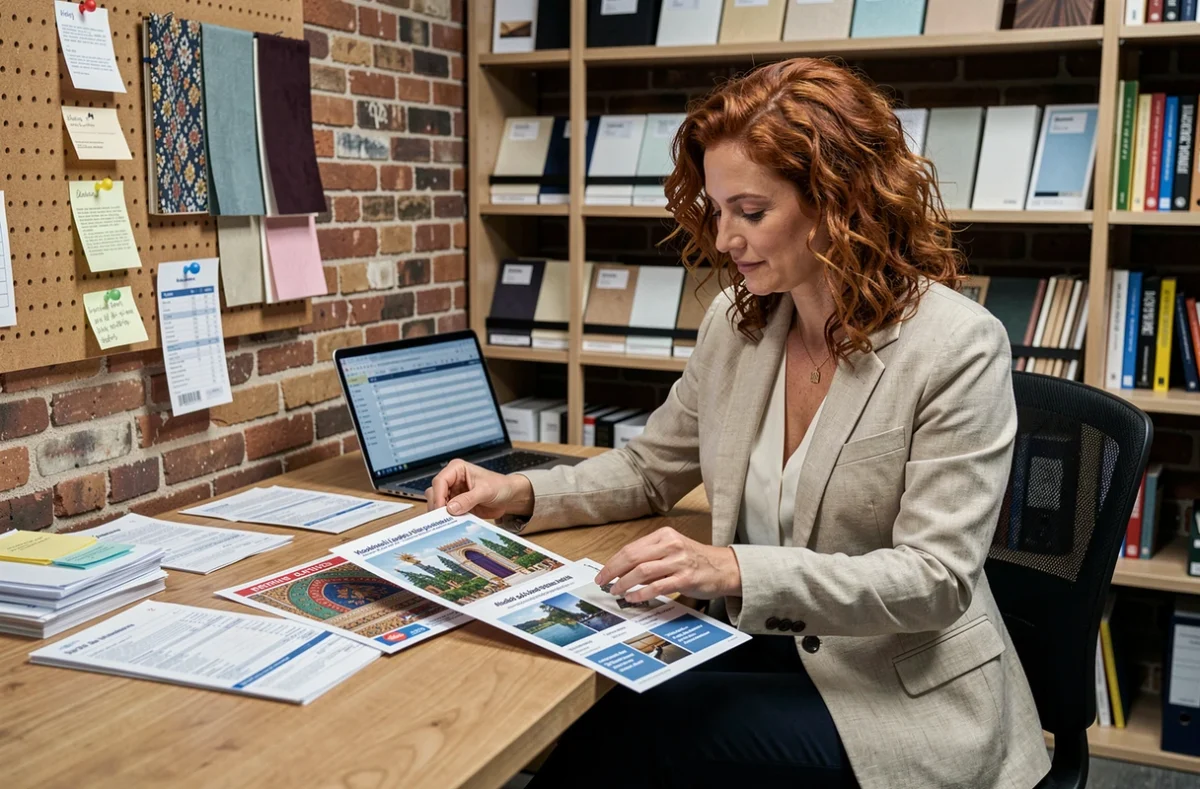 Gérante de boutique comparant des catalogues fournisseurs orientaux et locaux dans son bureau