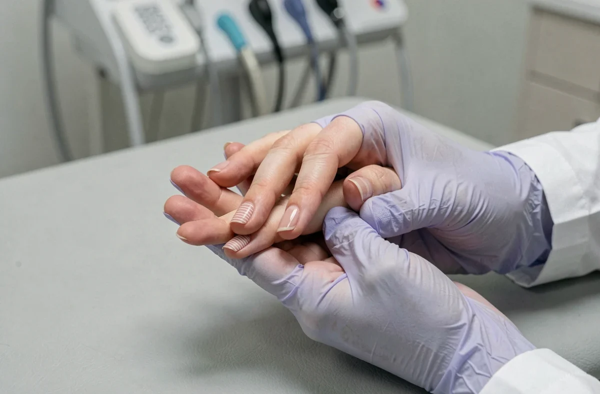Dermatologue examinant des ongles présentant différentes anomalies : ongle fendu, strié et cassé, pour comparaison clinique
