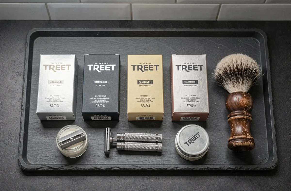 Comparatif des gammes de lames Treet pour rasoir de sûreté en vue aérienne sur plateau grooming