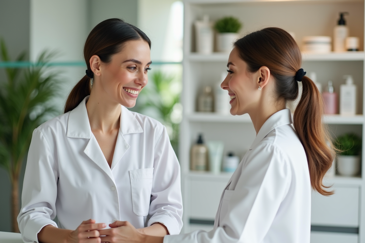 Estheticienne conseillant une cliente souriante à la reception