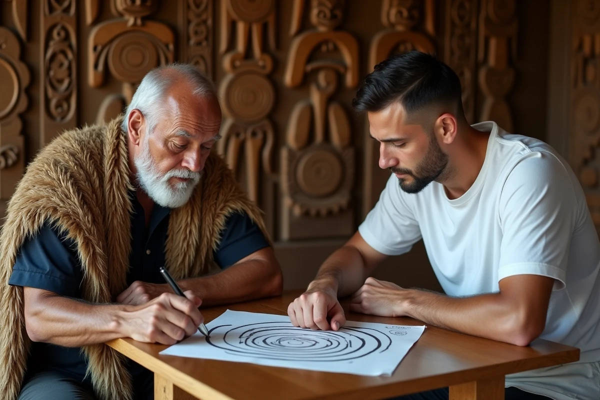 Consultation culturelle maorie entre un conseiller traditionnel et un client pour choisir un motif de tatouage significatif