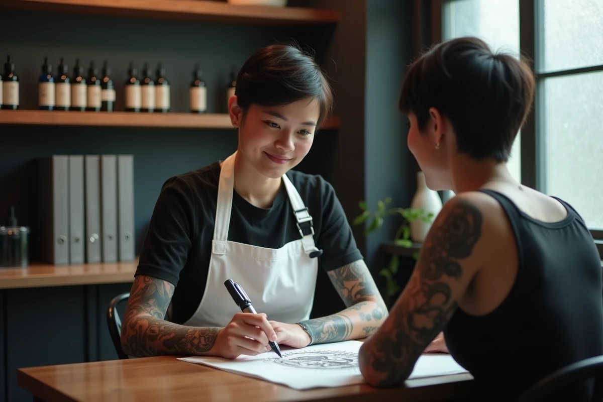 Tatoueuse en consultation avec un client pour discuter d'un projet de tatouage sur papier dans un studio moderne