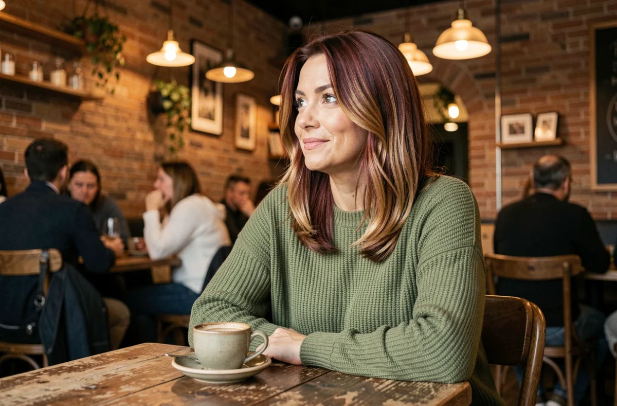 Femme aux cheveux auburn avec balayage et couches longues rajeunissantes dans un café parisien