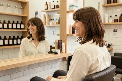 Femme de 40 ans avec une coupe en dégradé et une frange rideau rajeunissante dans un salon de coiffure parisien