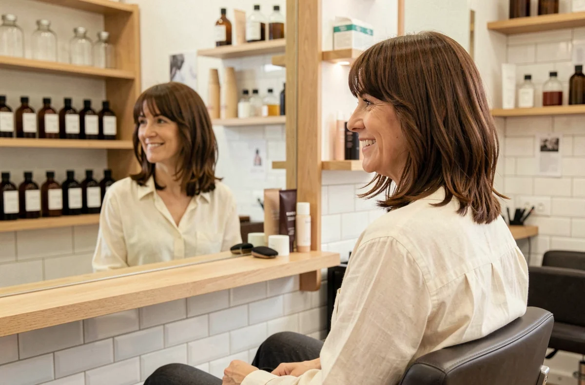 Femme de 40 ans avec une coupe en dégradé et une frange rideau rajeunissante dans un salon de coiffure parisien