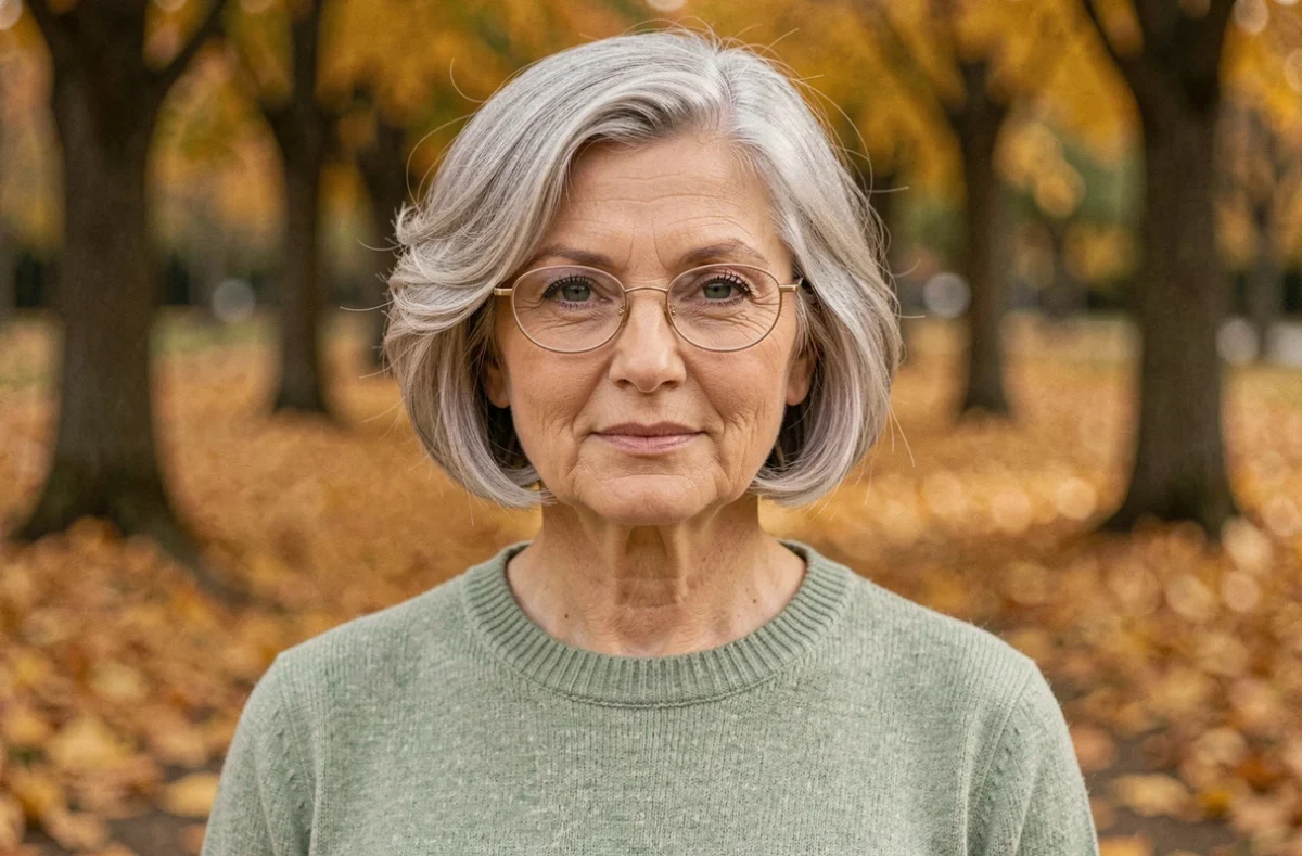 Femme mature aux cheveux courts argentés et ondulés portant des lunettes ovales dorées en parc automnal, coupe harmonisée avec un visage rond