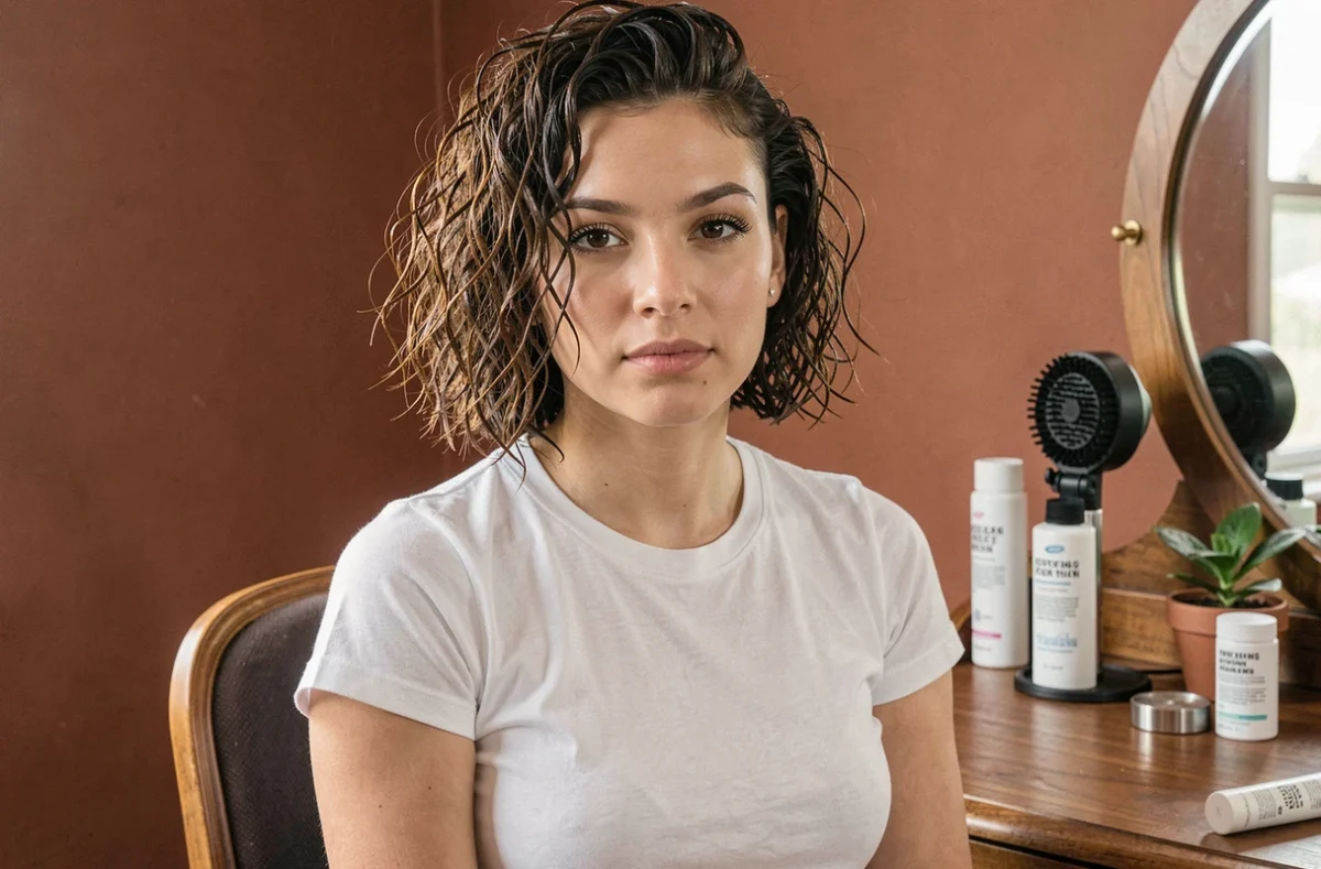 Jeune femme avec un court bob bouclé fraîchement stylisé à la vanité à domicile, routine coiffure naturelle pour boucles définies