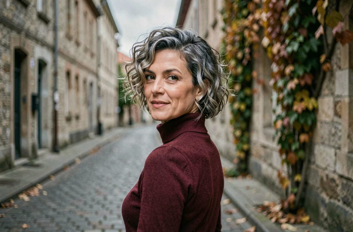 Femme d'âge mûr avec coupe courte bouclée poivre et sel dans une rue pavée européenne en automne