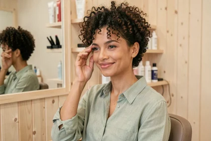 Femme aux cheveux bouclés courts et naturels dans un salon coiffure minimaliste, coupe afro structurée avec volume au sommet