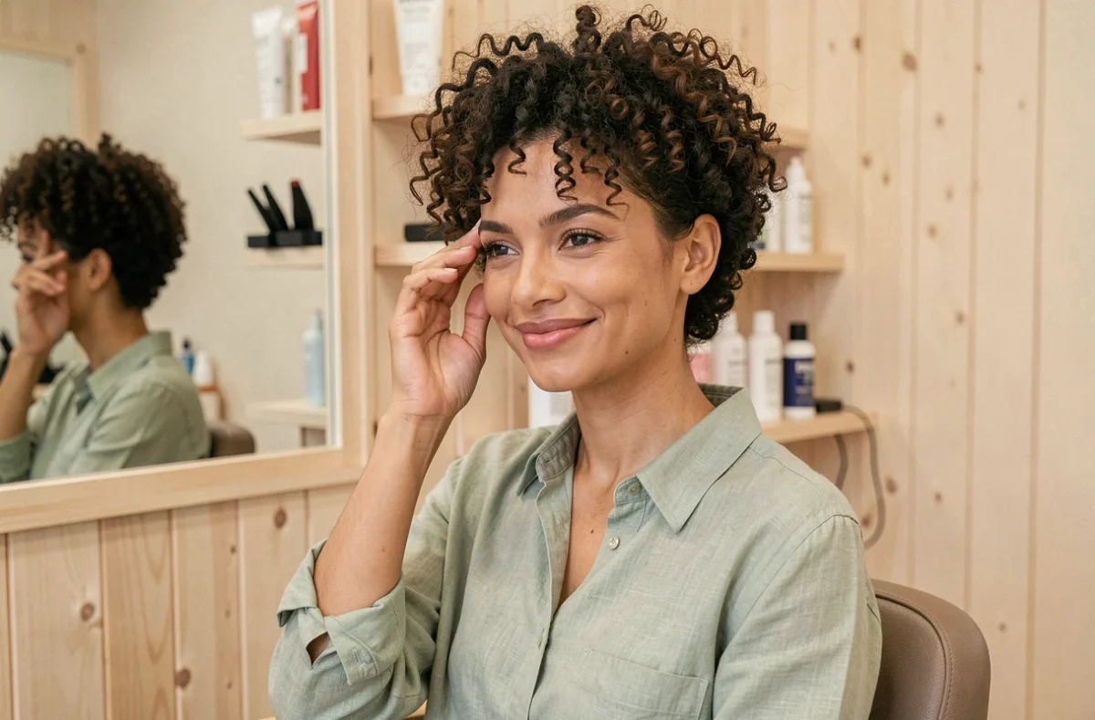Femme aux cheveux bouclés courts et naturels dans un salon coiffure minimaliste, coupe afro structurée avec volume au sommet