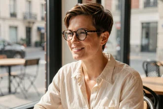 Femme aux cheveux courts en pixie cut portant des lunettes rondes en écaille qui harmonisent avec son visage rond, assise dans un café