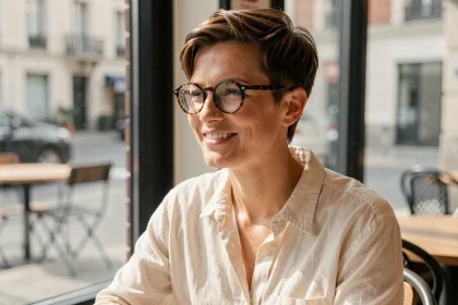 Femme aux cheveux courts en pixie cut portant des lunettes rondes en écaille qui harmonisent avec son visage rond, assise dans un café