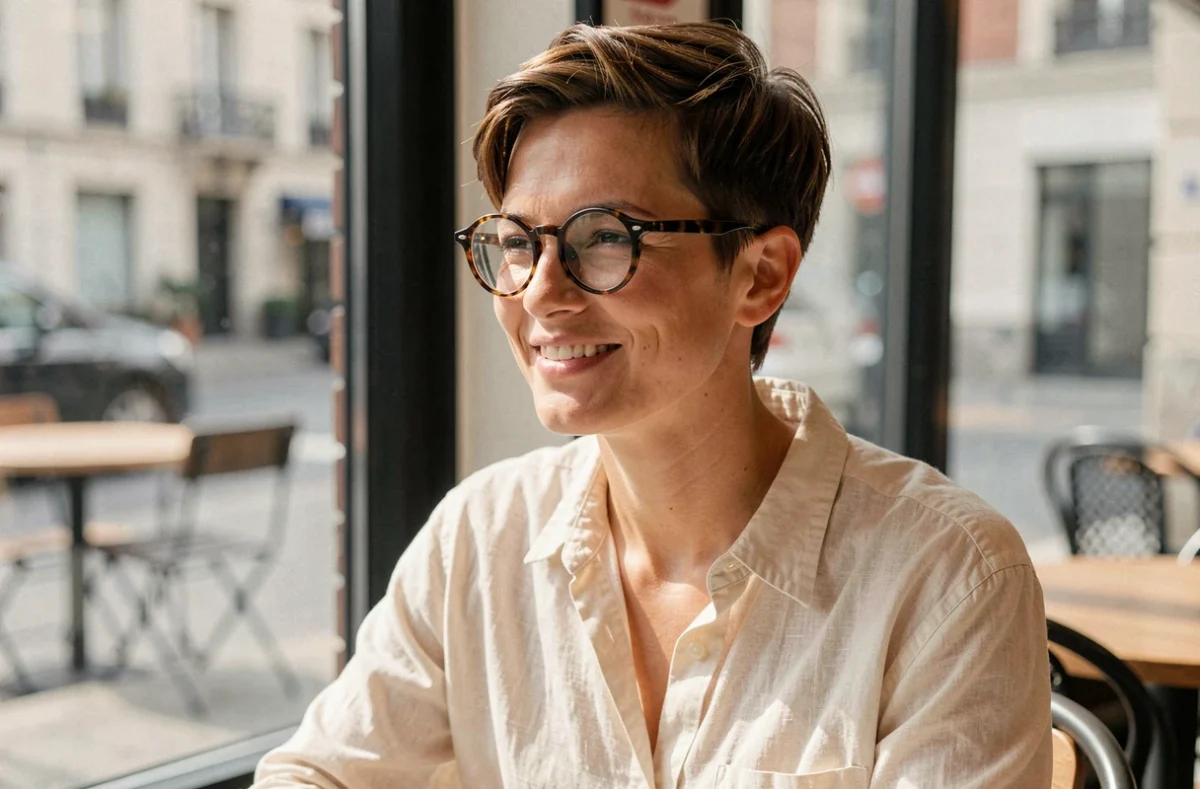 Femme aux cheveux courts en pixie cut portant des lunettes rondes en écaille qui harmonisent avec son visage rond, assise dans un café