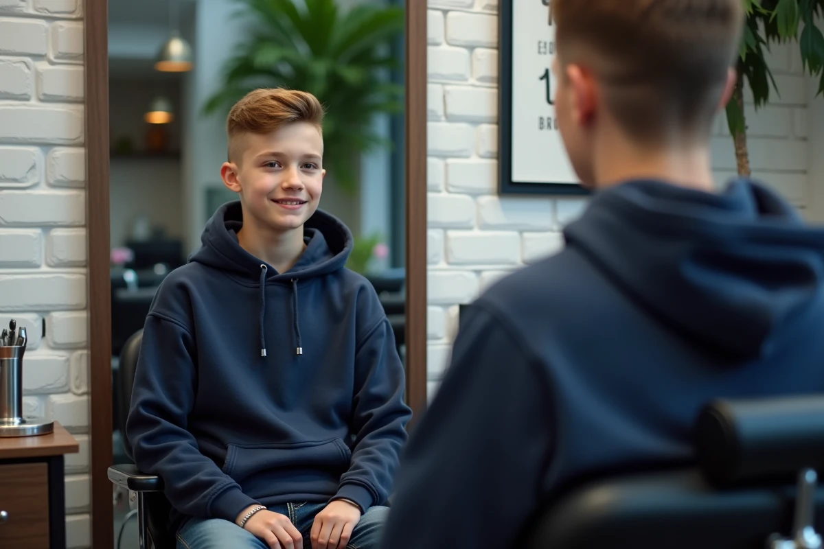 Adolescent en train de se faire couper les cheveux dans un salon de coiffure urbain moderne, coupe garçon tendance 2026