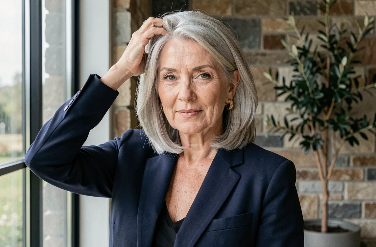 Femme de 60 ans avec un lob argenté élégant et dégradé pour paraître plus jeune sans couper beaucoup de longueur