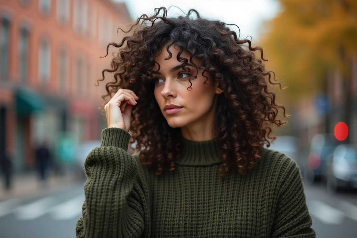 Femme aux cheveux boucl&eacute;s en coupe shaggy avec frange rideau dans une rue urbaine en automne