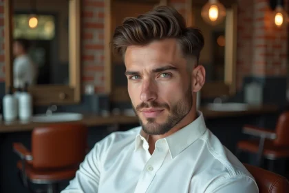 Homme avec une coupe taper mi-long soignée assis dans un fauteuil de barbier moderne dans un salon de coiffure urbain élégant