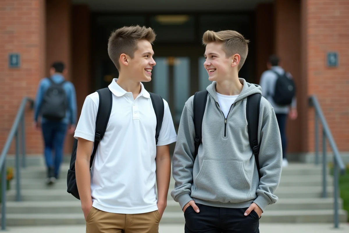 Deux adolescents devant un collège avec des coupes de cheveux courtes et soignées adaptées aux règles scolaires