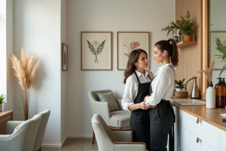 Intérieur d'un salon de coiffure moderne au style scandinave avec décoration botanique, miroir vintage et station de coiffage épurée