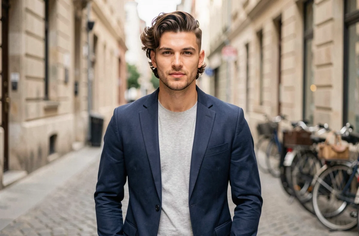 Jeune homme avec coupe dégradé raie sur le côté pour cheveux épais et ondulés en extérieur urbain