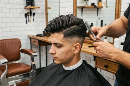Homme aux cheveux épais avec une coupe dégradé raie sur le côté réalisée en salon de coiffure professionnel