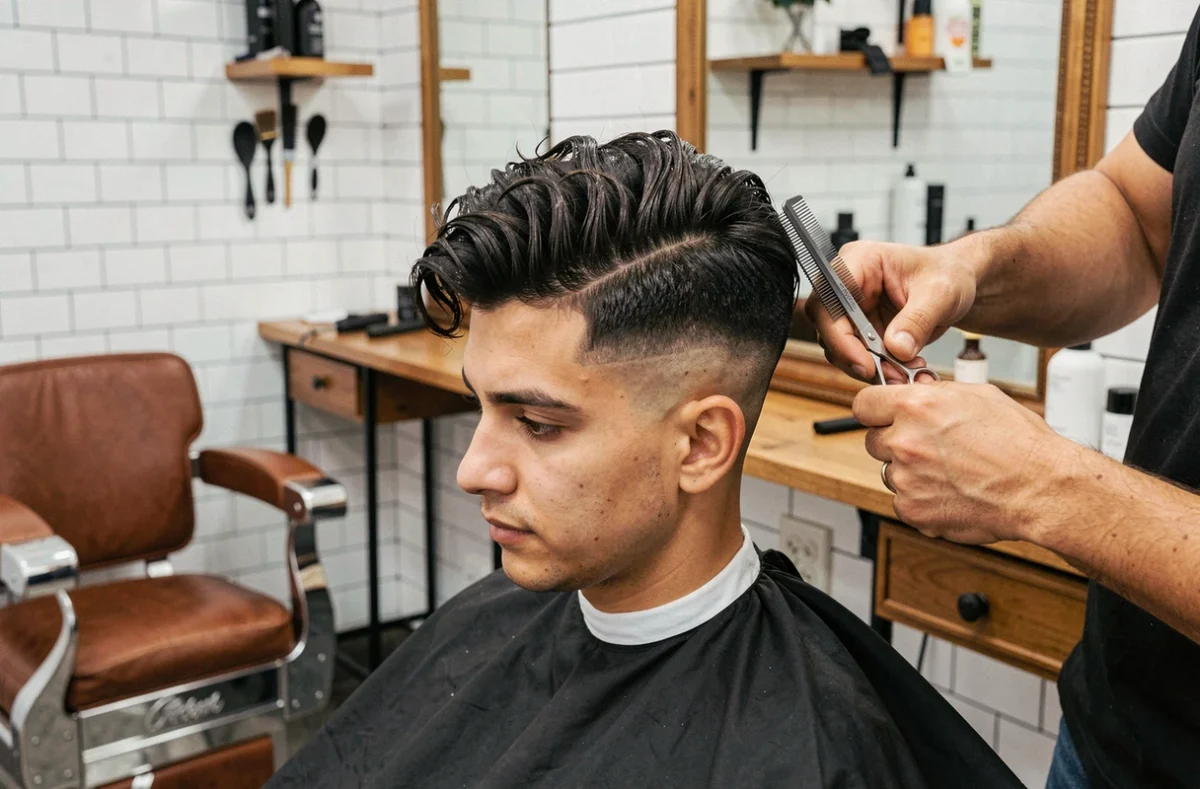 Homme aux cheveux épais avec une coupe dégradé raie sur le côté réalisée en salon de coiffure professionnel