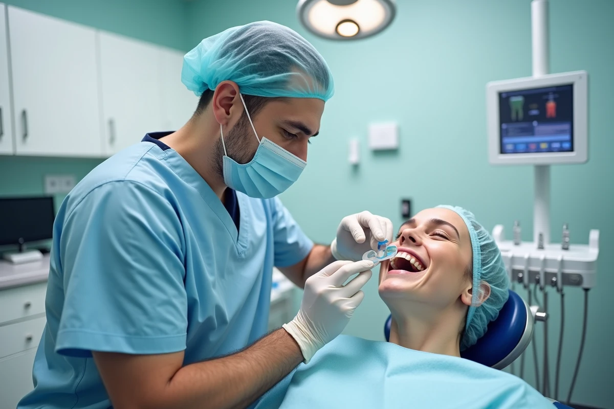 Dentiste présentant une palette de teintes dentaires à un patient lors d'une consultation de blanchiment en cabinet