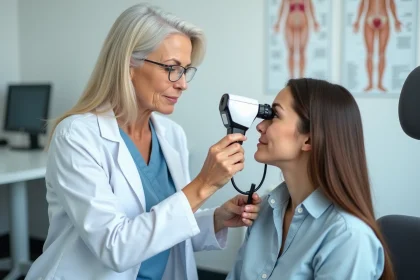 Dermatologue femme examinant la peau du visage d'une patiente avec un dermoscope en cabinet médical moderne