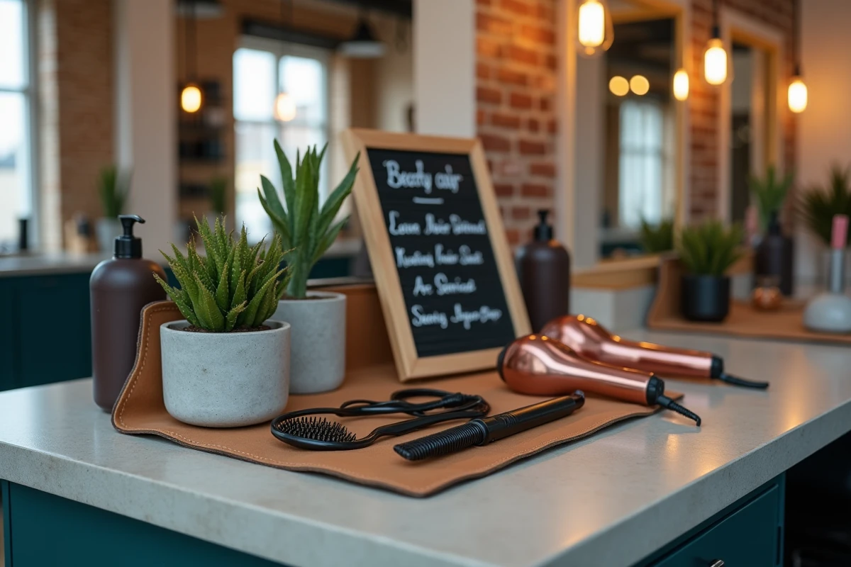 Gros plan sur une station de coiffure décorée avec des accessoires tendance, un tableau de services et une plante verte dans un salon urbain moderne