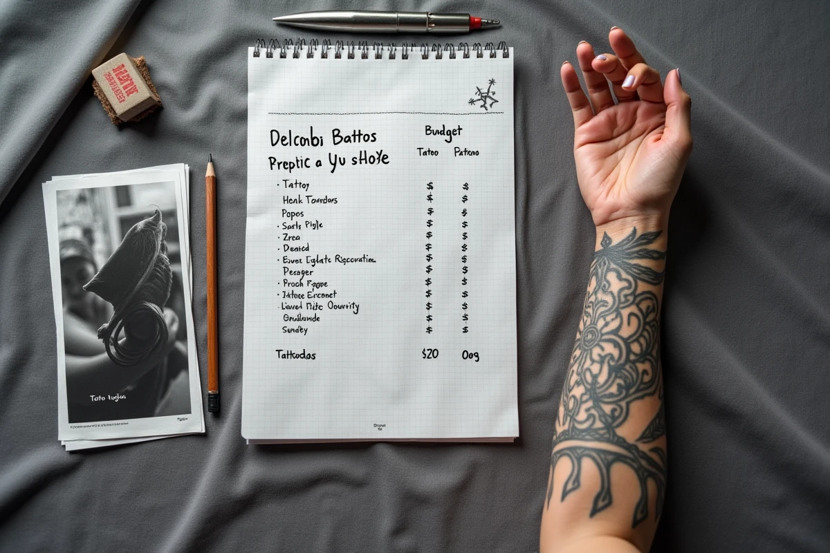 Vue aérienne d'un avant-bras tatoué posé à côté d'une estimation de prix manuscrite pour un tatouage