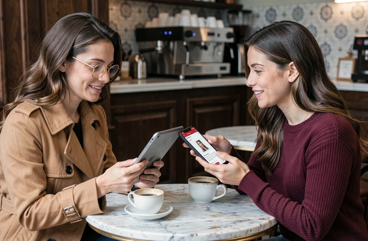 Deux femmes discutant de mode beauté et de gadgets geek autour d'un café dans un bistrot parisien avec tablette et smartphone