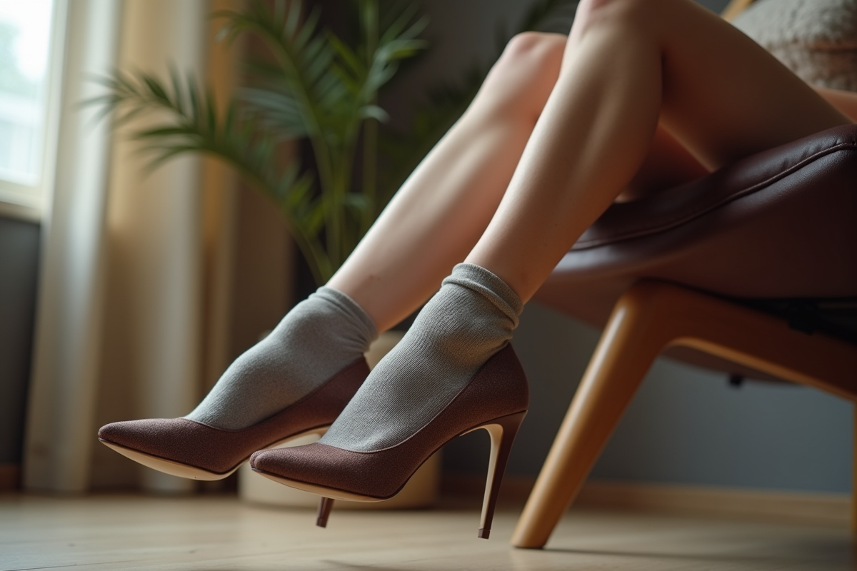 Zoom sur pieds avec chaussettes texturées et talons dans un intérieur