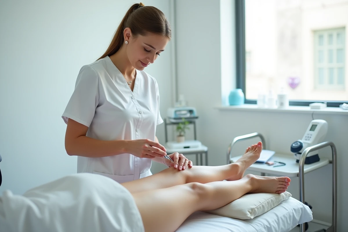 Esthéticienne réalisant une séance d'électrolyse sur la jambe d'une cliente dans un cabinet esthétique professionnel à Montpellier