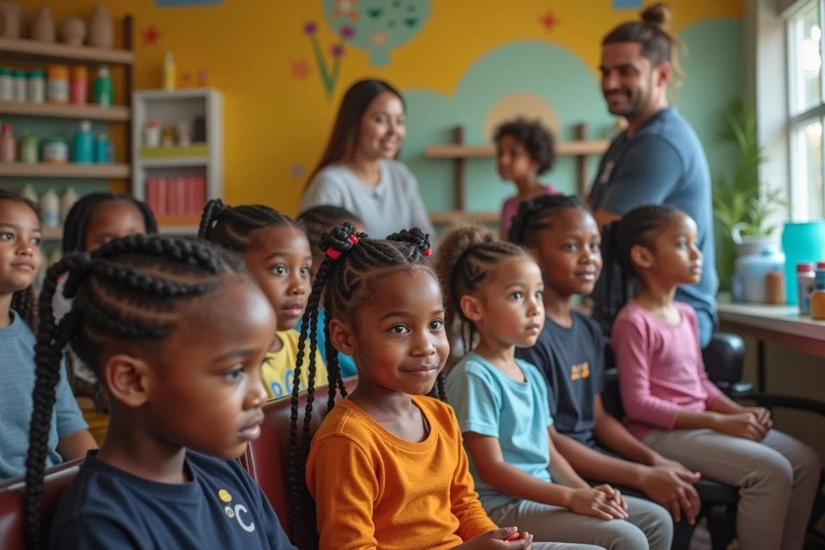 Enfants et parents dans un salon de coiffure africain pour enfants