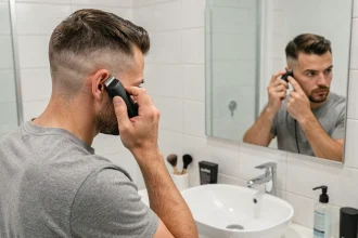 Homme entretenant son fade tapered à la maison avec une tondeuse sans fil devant un miroir de salle de bain