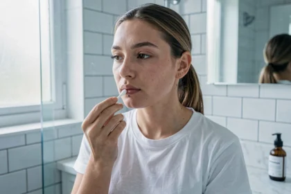 Jeune femme nettoyant son piercing labret avec un coton-tige et du sérum physiologique dans une salle de bain moderne