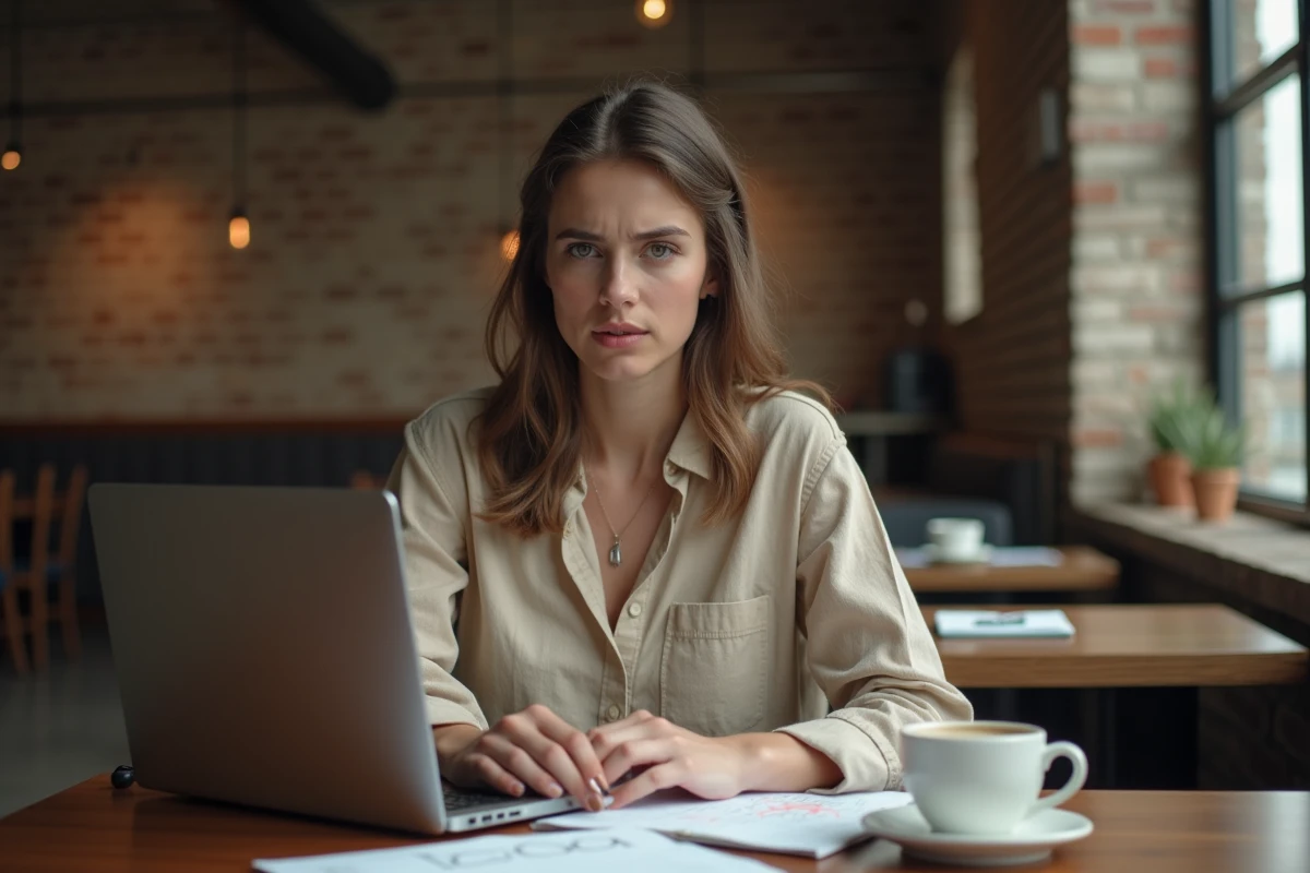 Femme consultant les prix de tatouage en ligne sur un ordinateur portable dans un café