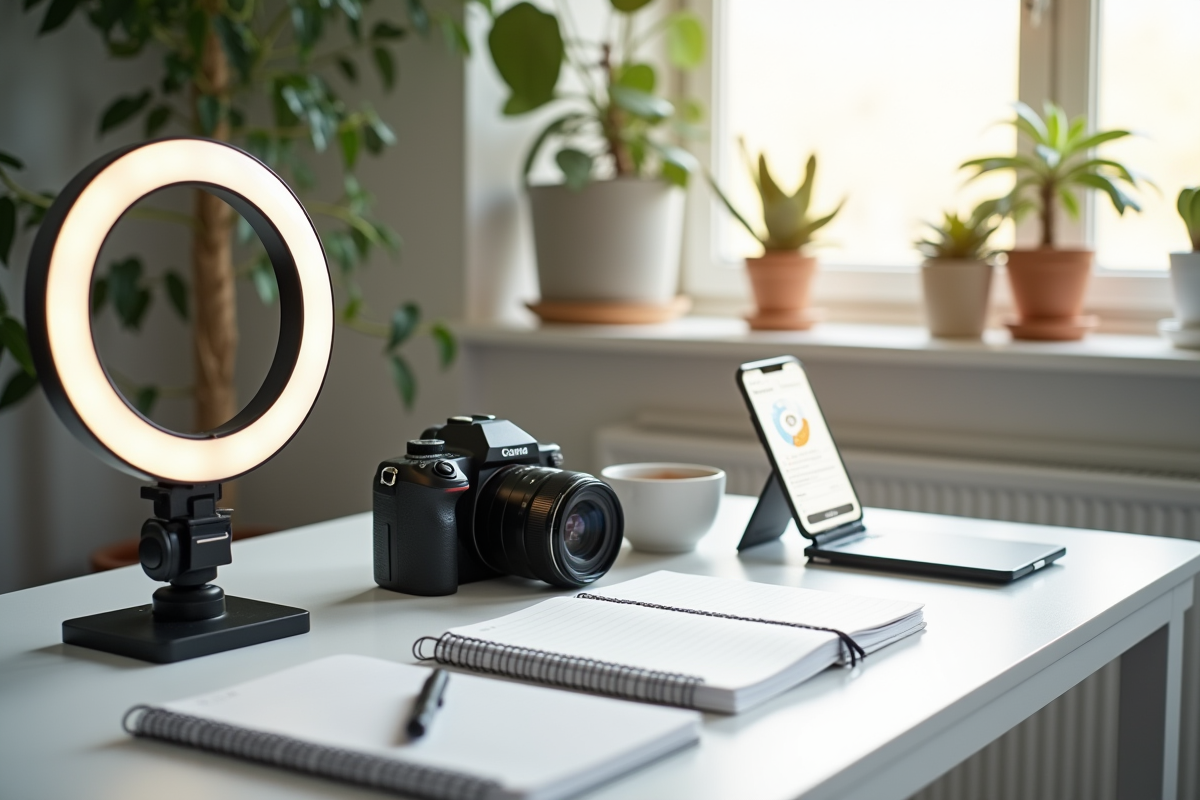 Espace créatif avec appareil photo et analytics Instagram sur un bureau