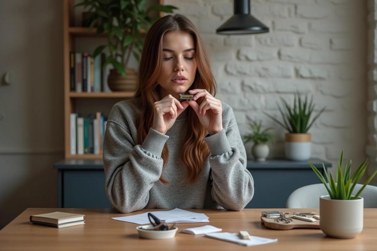 Jeune femme posant des extensions cheveux chez elle
