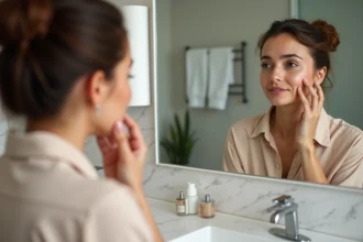 Femme applique primer visage devant miroir moderne