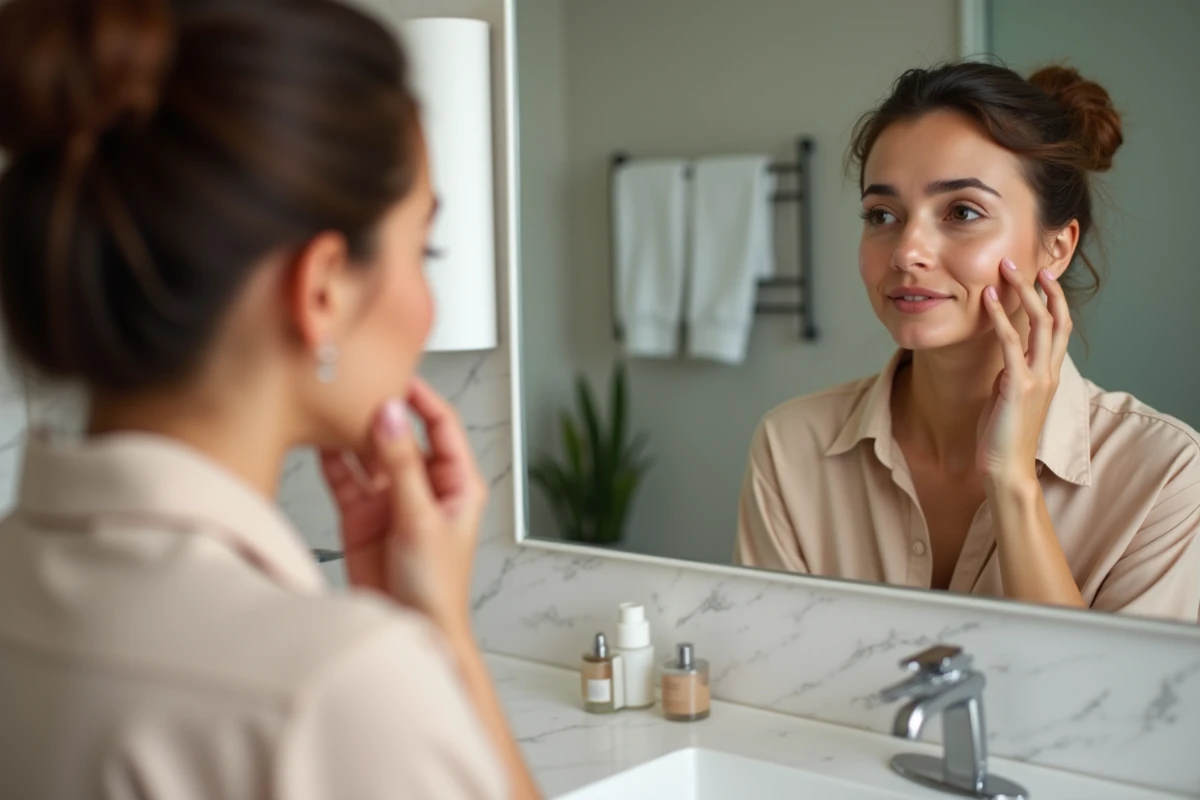 Femme applique primer visage devant miroir moderne