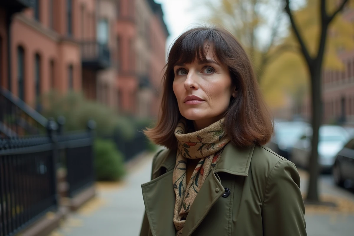 Femme en trench olive dans un parc en automne